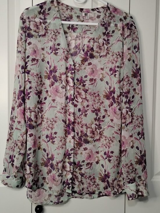 Kut from the Kloth Tops - KUT from the Kloth Women's Mint Purple Floral Long Sleeve Button Front Blouse XL